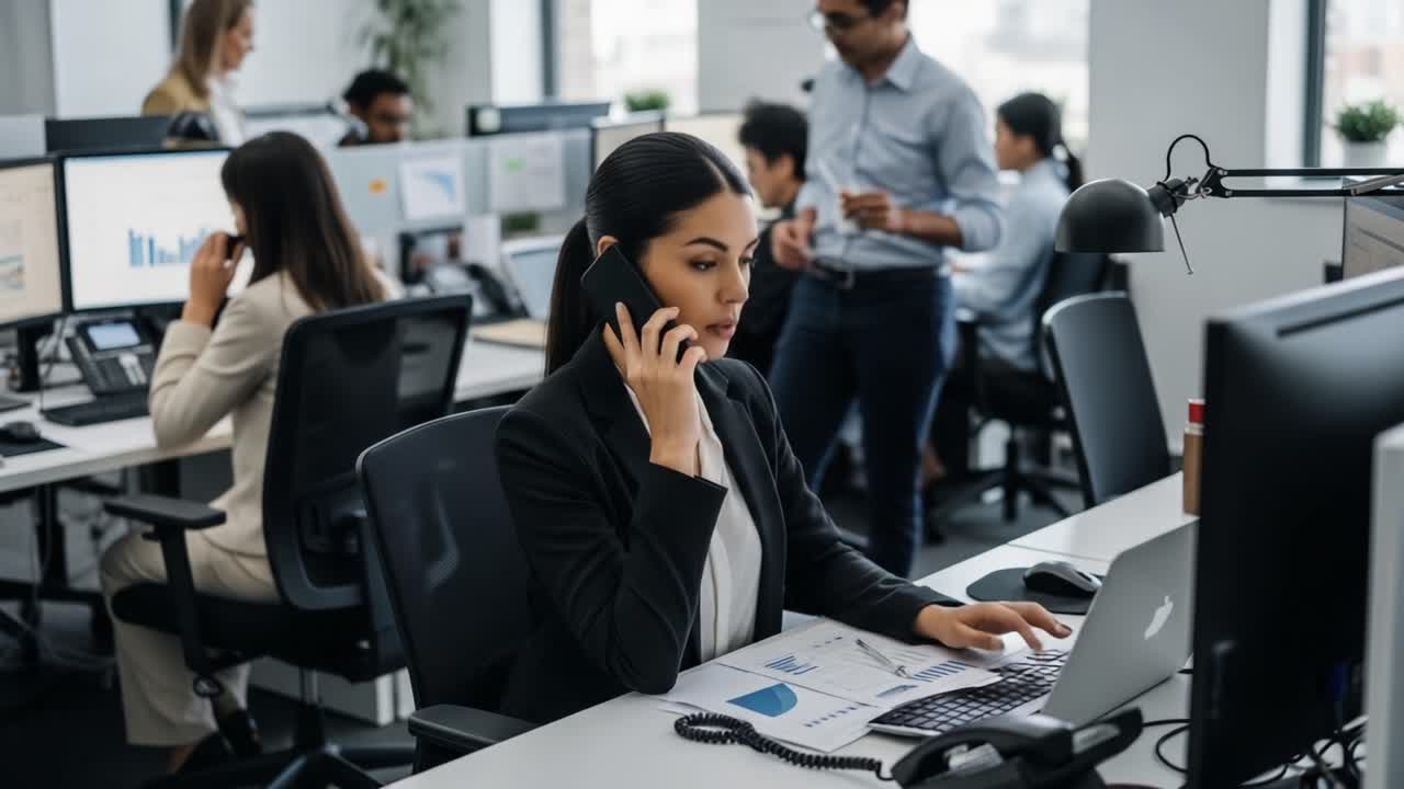 A Focused Professional Engaged in a Phone Call While Analyzing Data on Her Computer in a Busy Office Setting with Colleagues Collaborating Nearby
