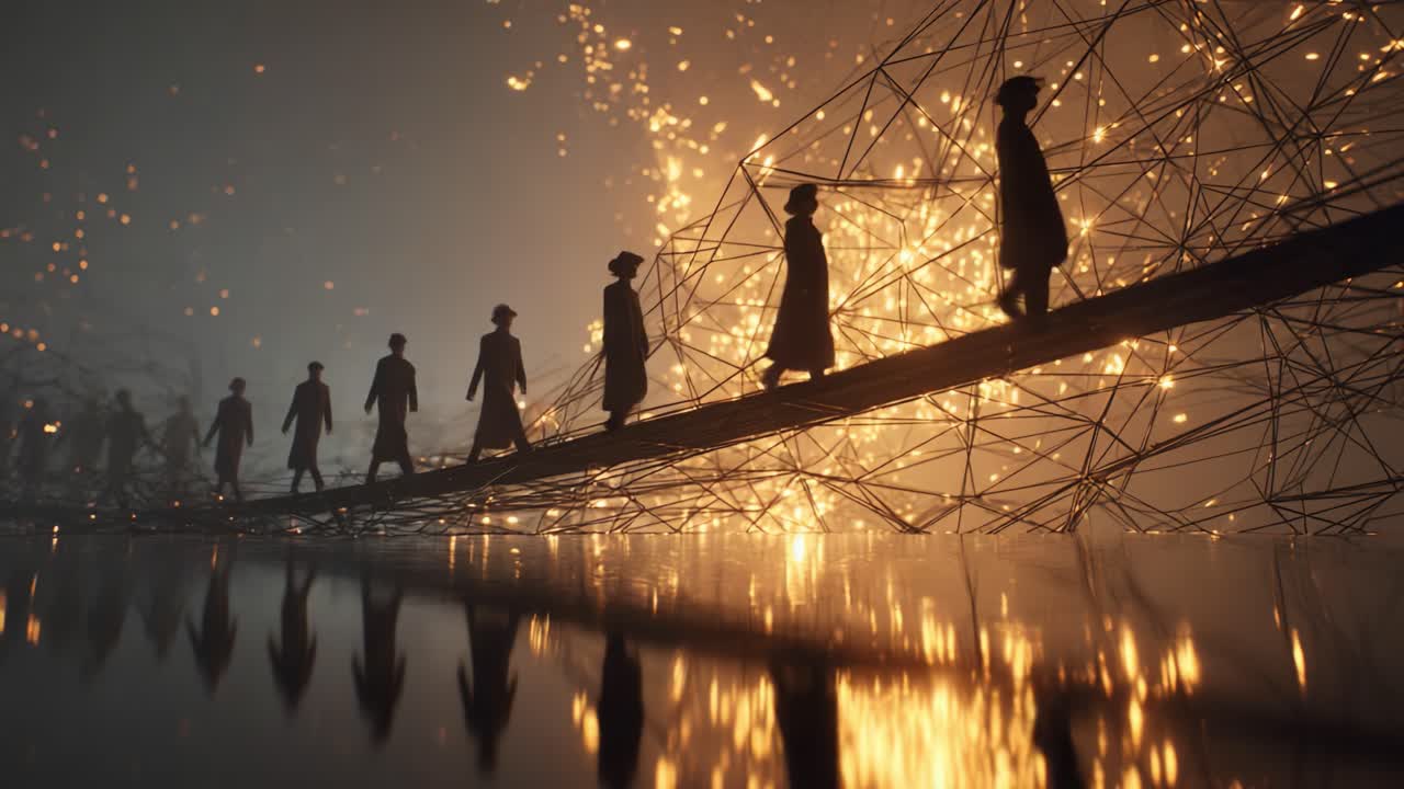 Silhouetted Figures Walking on Abstract Bridge