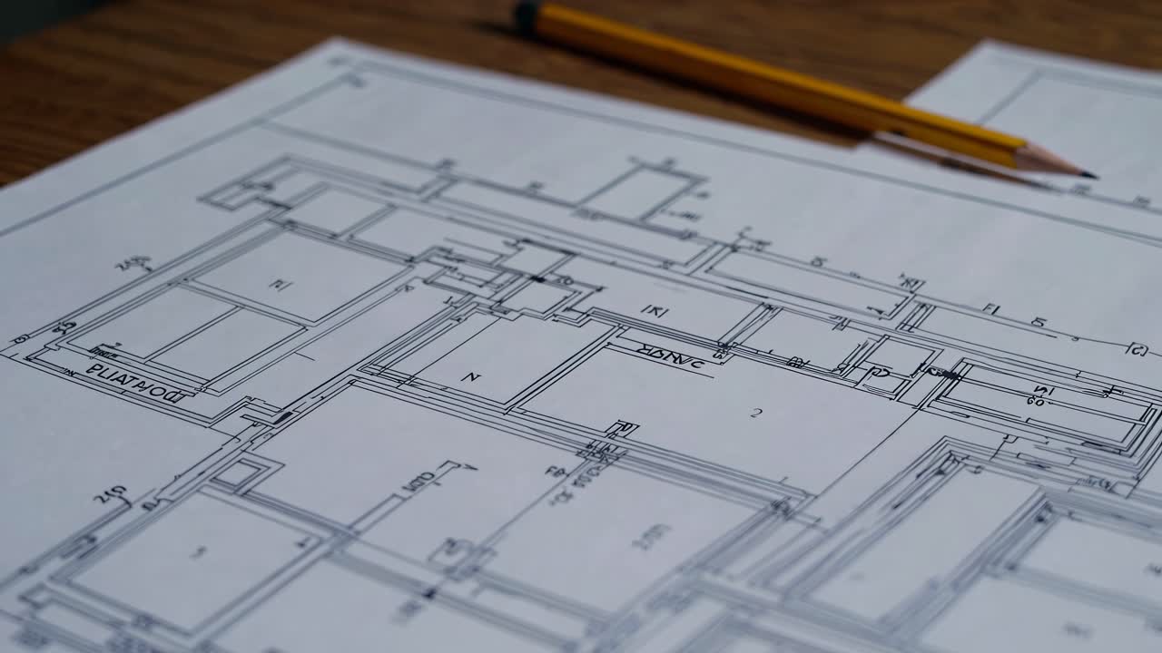 Close-up, angled shot of architectural blueprints on a wooden table, with a pencil nearby
