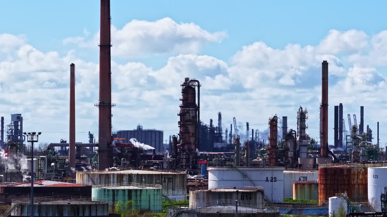 An aerial view of a large oil refinery and tall chimneys Havre France