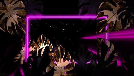 animation of flashing light beams and pink neon frame with leaves on black background