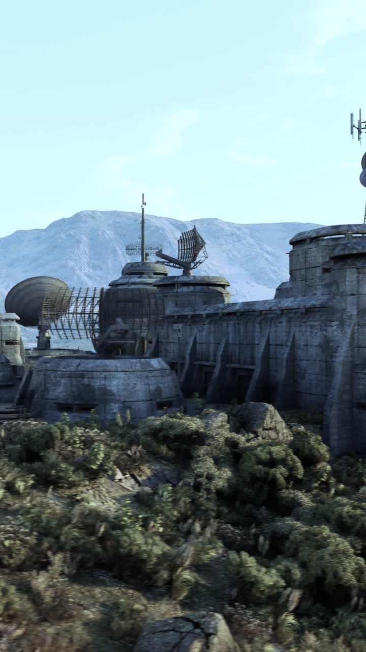 A futuristic military base in a desert landscape