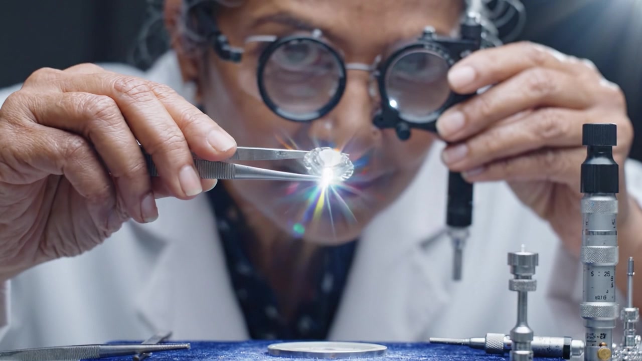 Expert Gemologist Carefully Examining a Precious Gem Under Magnification with Precision Tools in a Professional Environment, Highlighting the Art of Jewelry Appraisal and Quality Assurance.