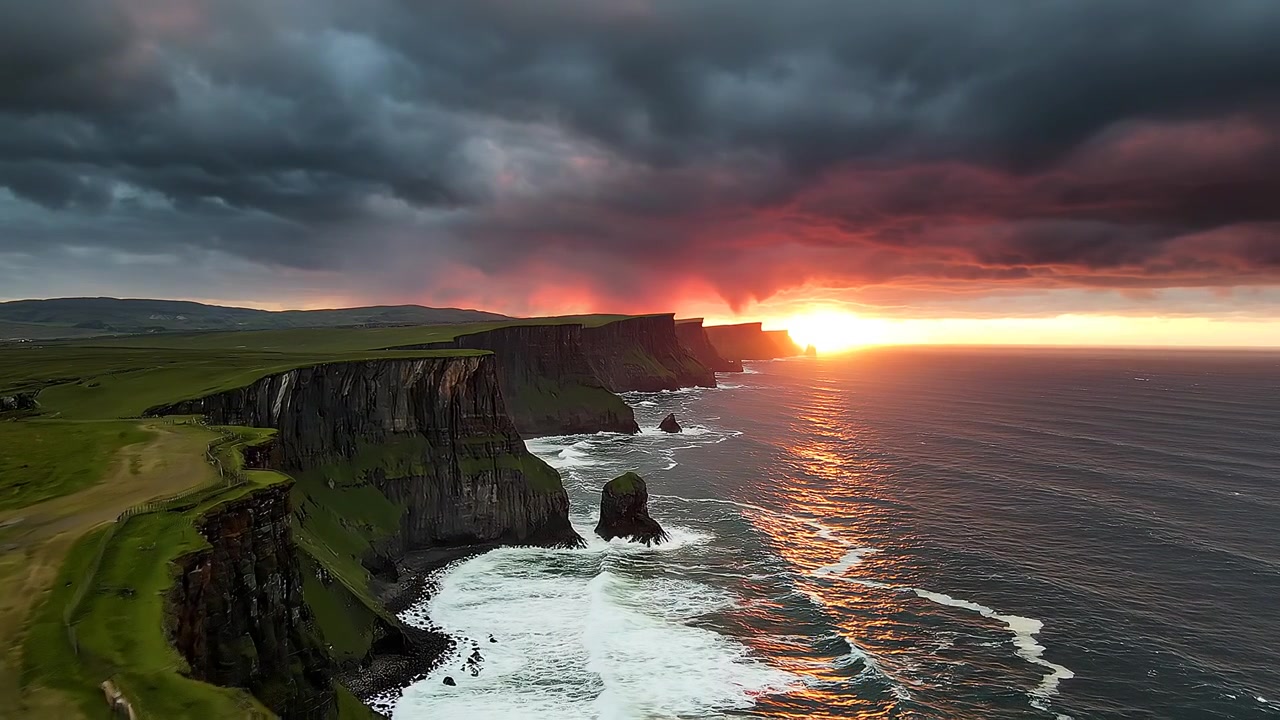 Dramatic sunset over rugged coastal cliffs and ocean