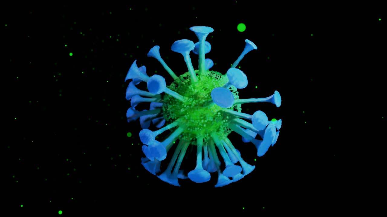 Primo piano di coronavirus tipo COVID-19, H1N1, influenza aviaria o suina che si muovono fluidamente in una rappresentazione 3D del virus come sfondo microscopico microbiologico in loop. Gradiente verde-blu 1.