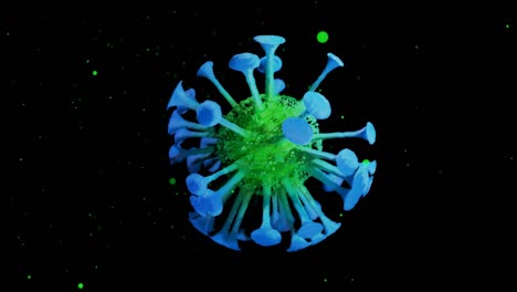 en primer plano, el coronavirus tipo covid-19, h1n1, la gripe aviar o la gripe porcina se mueven suavemente en el fluido. representación 3d del virus como fondo de bucle microscópico microbiológico. gradiente azul verde 1