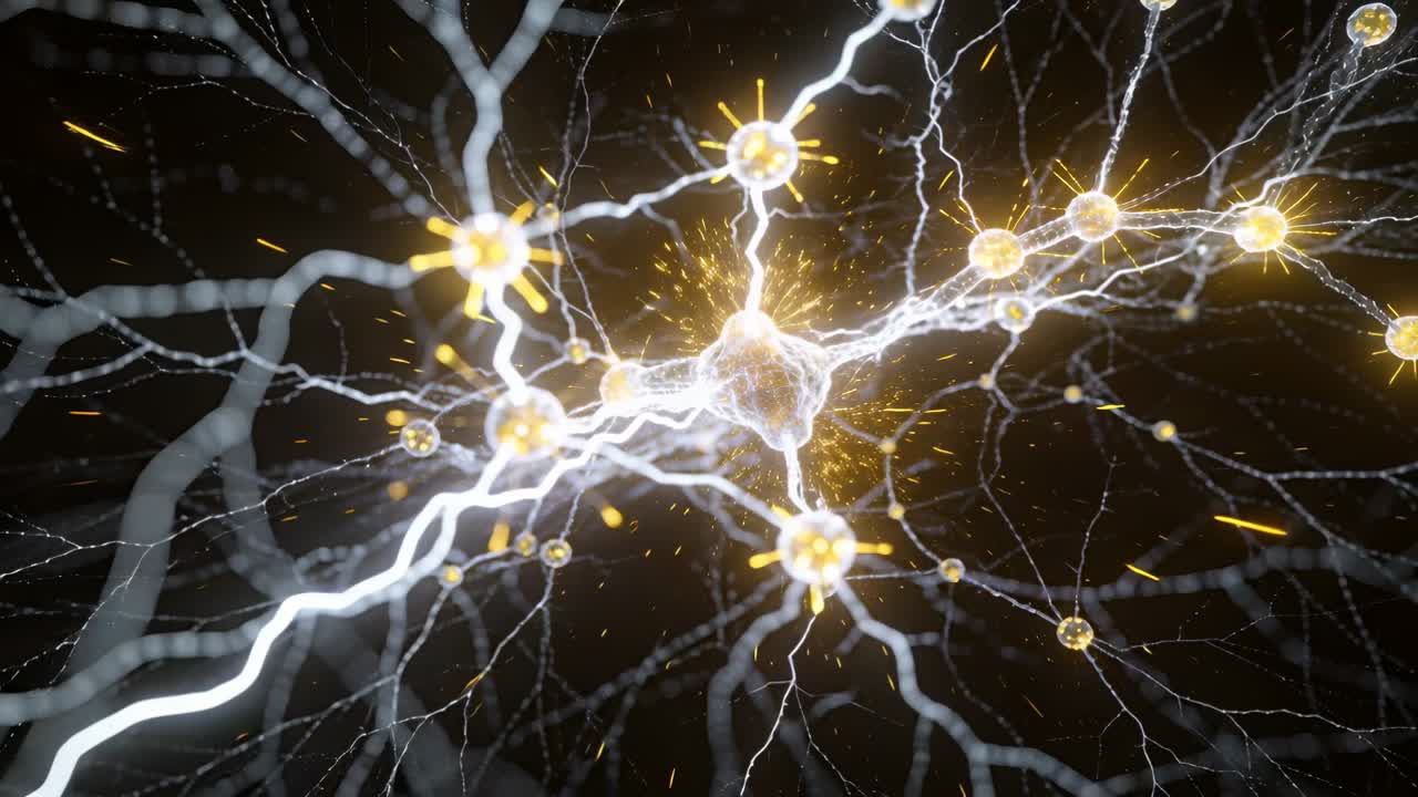 Pulsing central soma reacting to electric arc along dendrite, lighting synapse to signal net