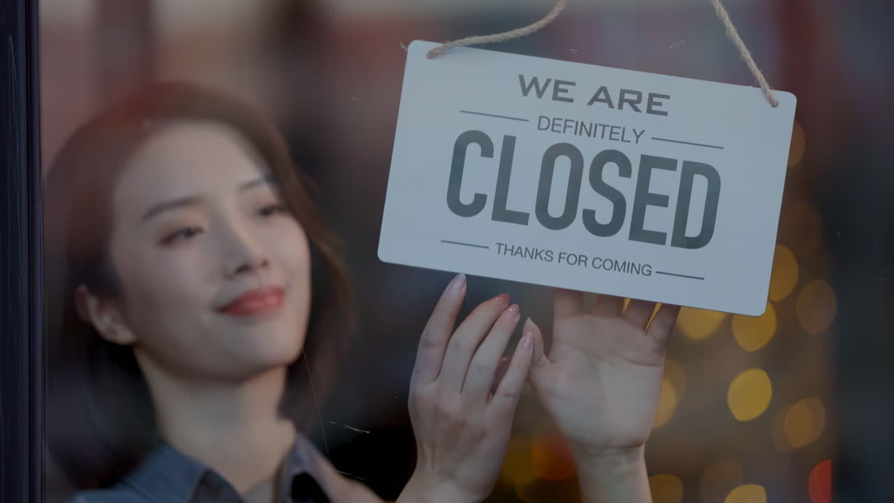 Asian smiling woman owner or worker flipping sign "Closed" to "open" store for ready to serve service through the glass door. Beautiful girls are opening a shop accepting customers