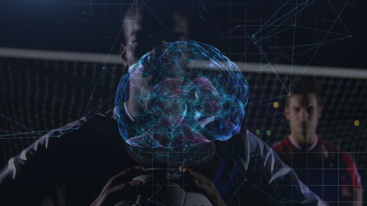 Digital brain animation over athletes holding soccer ball on field