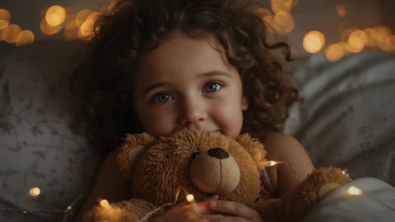 Child wearing pjs cuddling plush teddy in bed, blinking and settling as bedtime under fairy lights