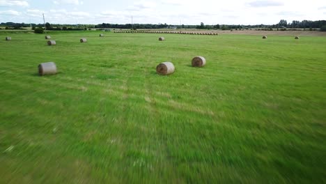 Aerial-view-hay-bales-in-the-green-agriculture-field,-bailed-hay-drying-on-ranch-land,-the-straw-is-compressed-into-roles,-sunny-summer-day,-wide-drone-shot-moving-forward