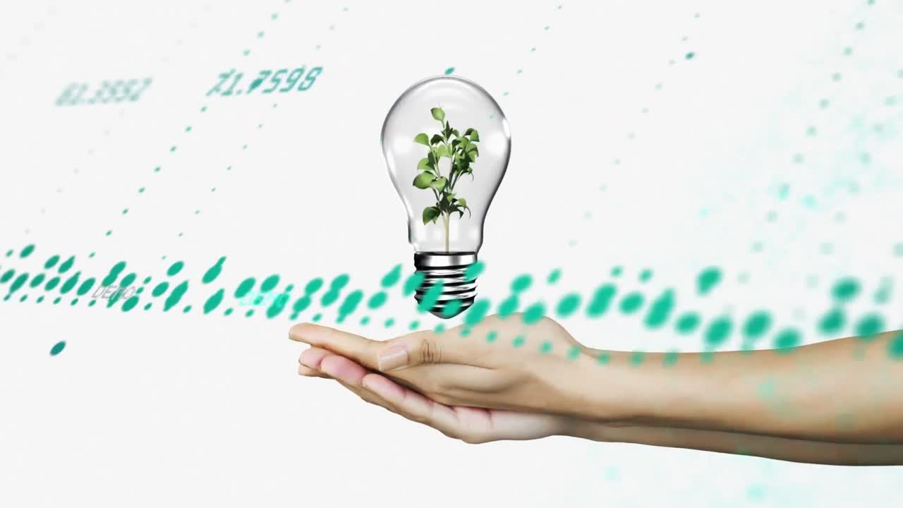 animación de la mano con bombilla y procesamiento de datos sobre fondo blanco