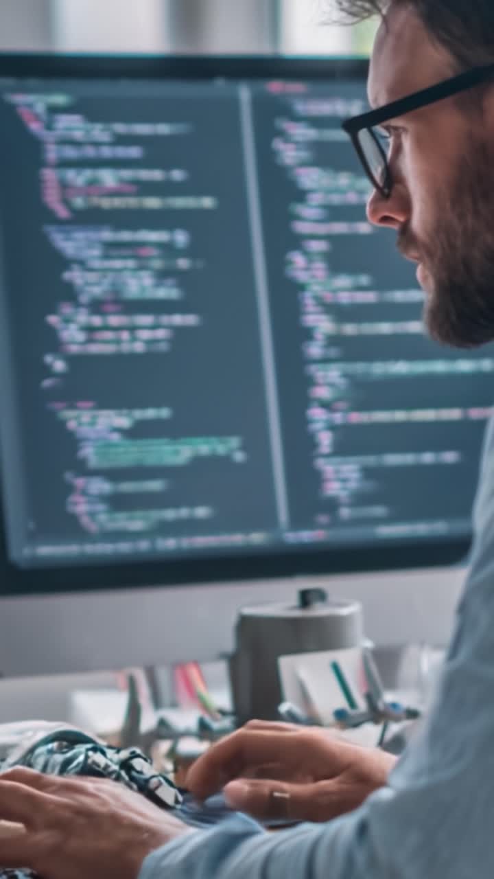 Focused Programmer Engaged in Coding Tasks, Surrounded by Technology and Digital Data on Monitor Displaying Complex Code Lines