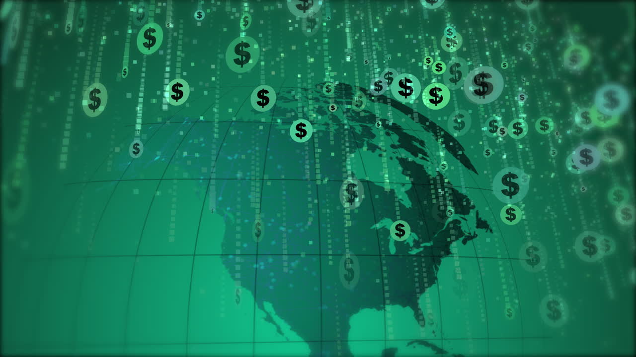 Round dollar symbols falling down like rain on the background of a rotating earth globe. Green looped animation for business.