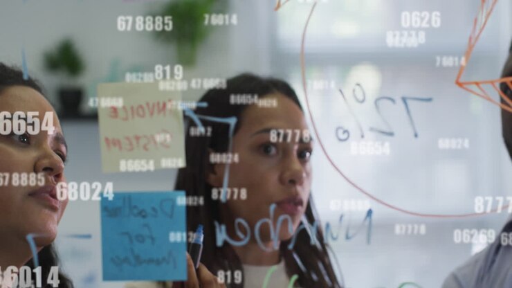 Animation of numbers and data processing over diverse business people in office