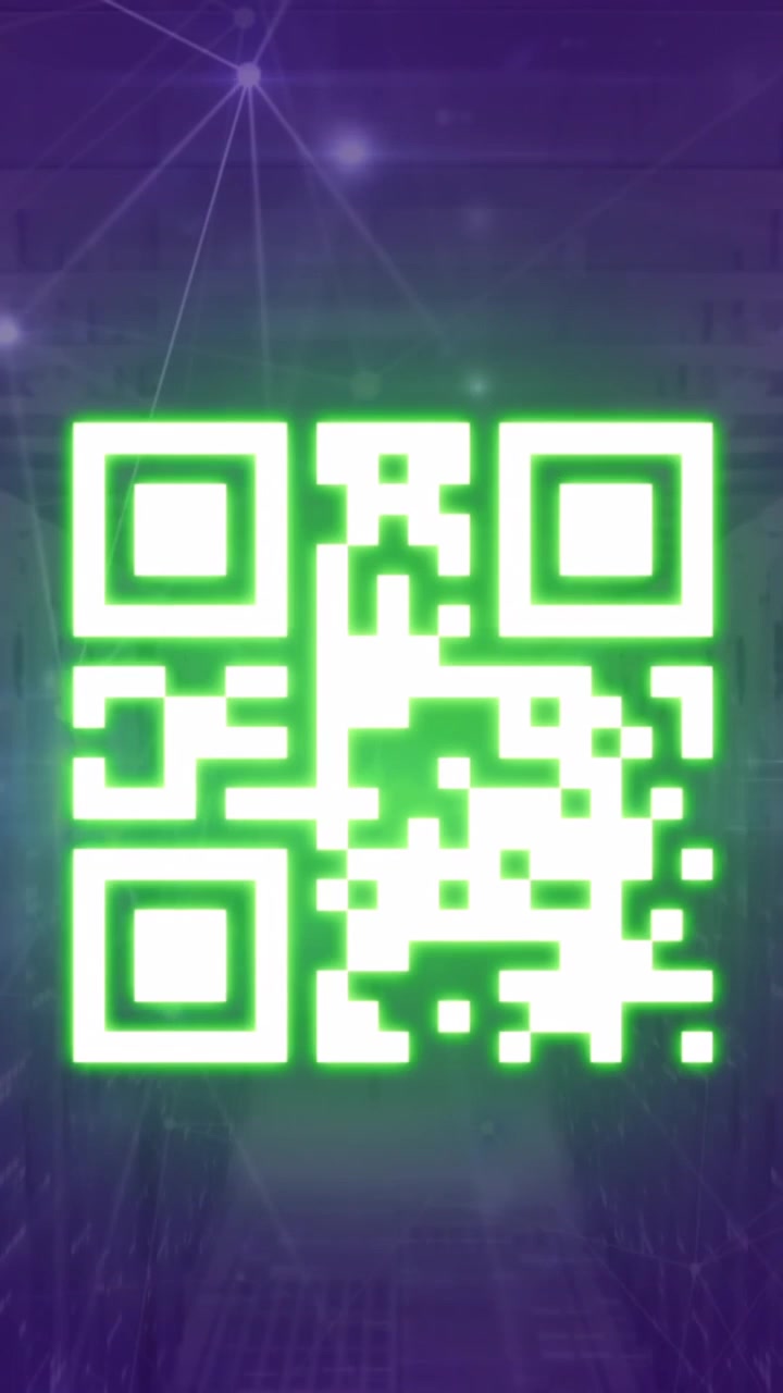 Animation of neon qr code scanner and glowing network of connections against computer server room