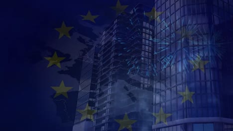 animation of fireworks exploding over european union flag and map against tall buildings