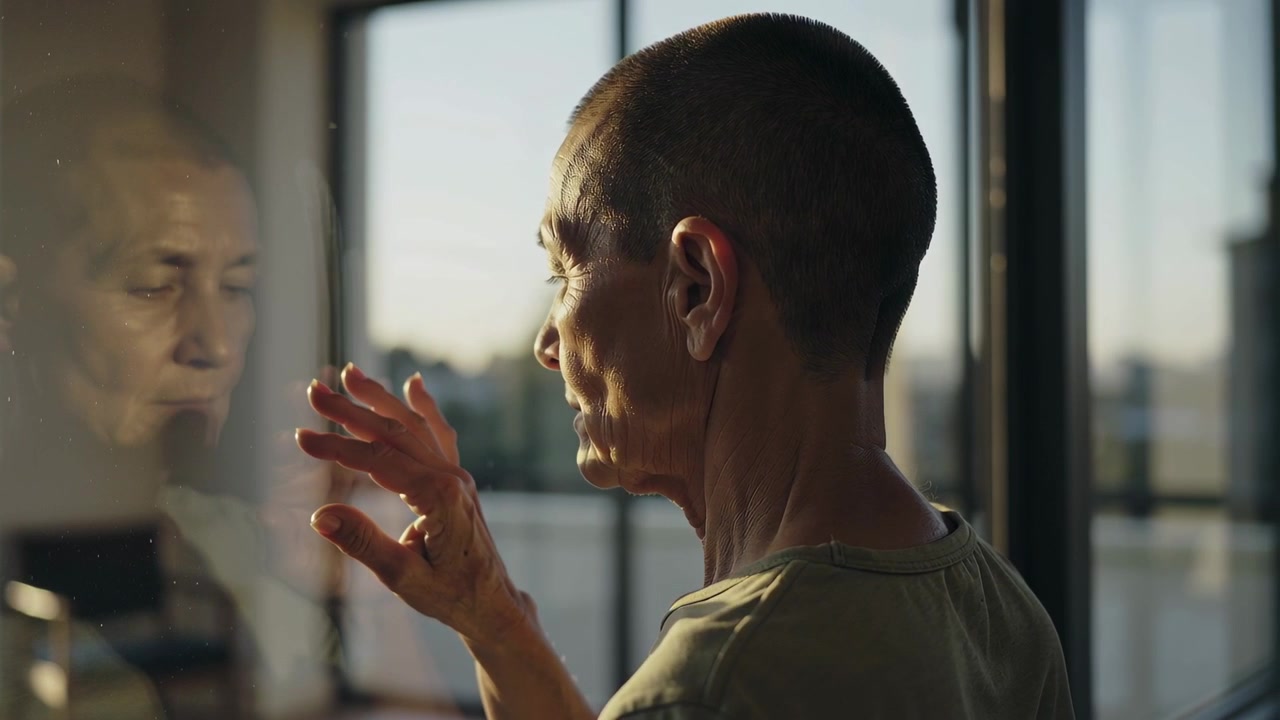 Noticing reflection, senior Asian man in olive tee touching window glass, studying reflection