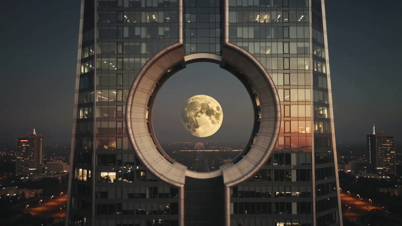 Luna crescente che scivola nell'apertura circolare di una torre mentre il crepuscolo si intensifica, allineandosi con le luci sottostanti