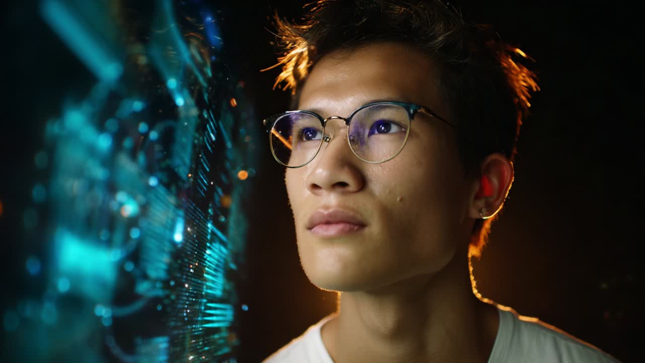 A focused individual gazes intently at abstract digital interfaces, where technology meets human curiosity, symbolizing exploration and engagement with innovative ideas in a captivating visual experience