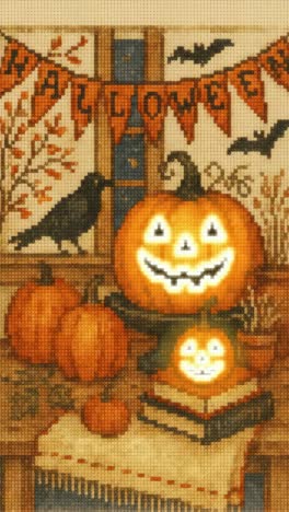 a cozy, vintage halloween scene with pumpkins and a crow, captured at eye level