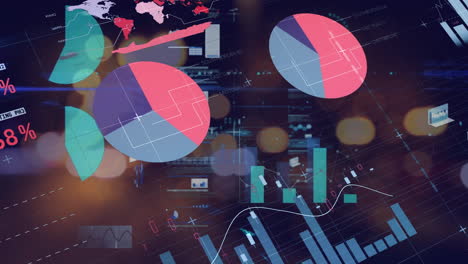 animación de estadísticas y procesamiento de datos con luces desenfocadas