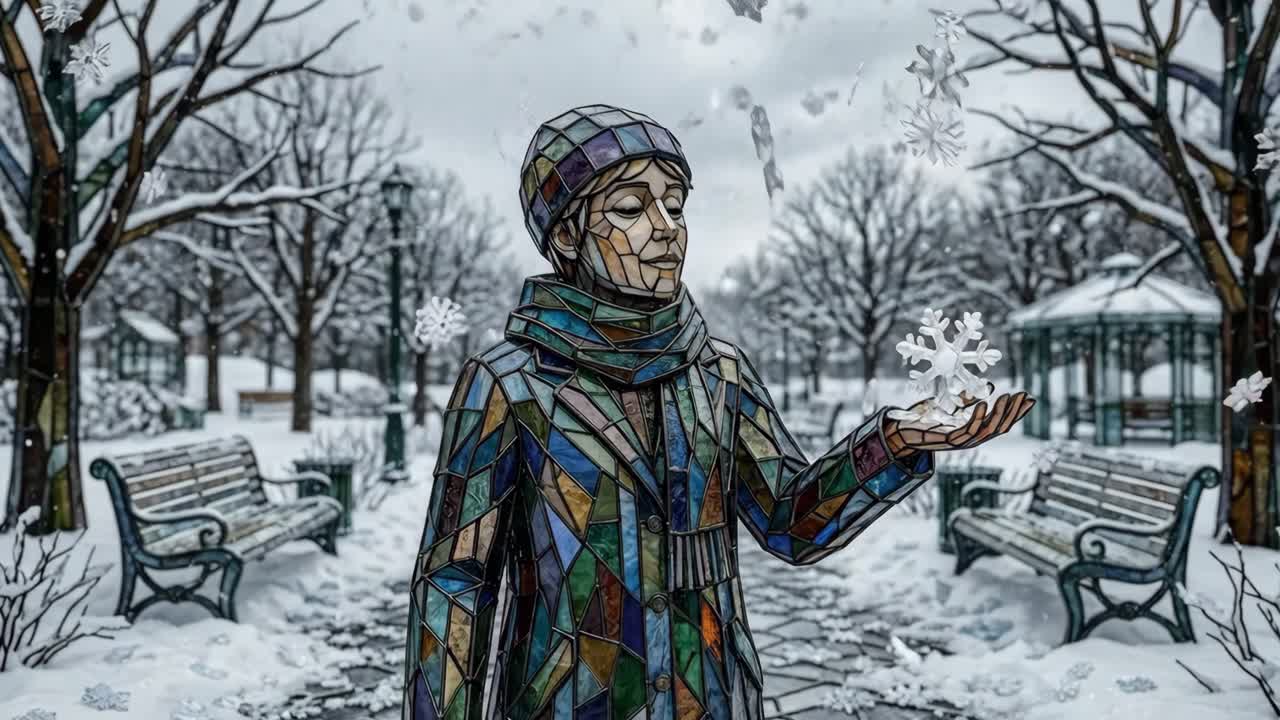 Figura in vetro colorato che cattura fiocchi di neve in un parco invernale innevato