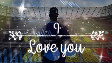 animation of love you text and african american rugby player over sports stadium