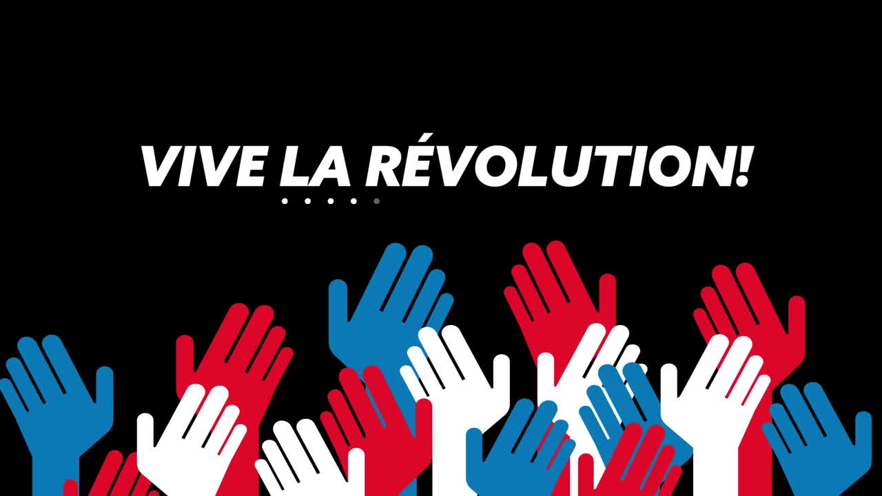 Animazione del testo 'fête vive la révolution' e mani con bandiera francese su sfondo nero