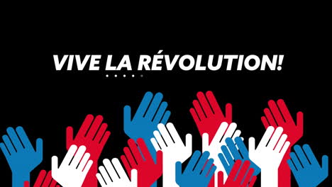 animation of fete vive le revolution text and french flag hands on black background