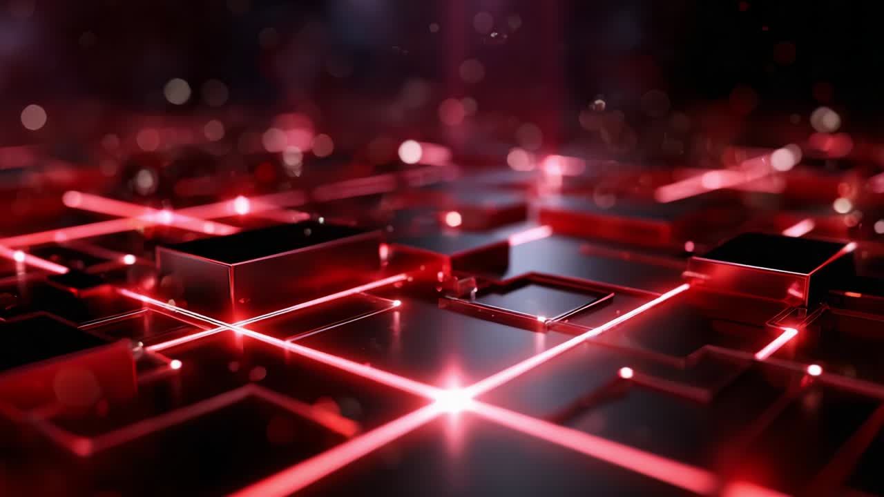 A mesmerizing display of intricate digital patterns emerges with glowing red lines and geometric shapes, creating an abstract yet captivating visual representation of modern technology and connectivity