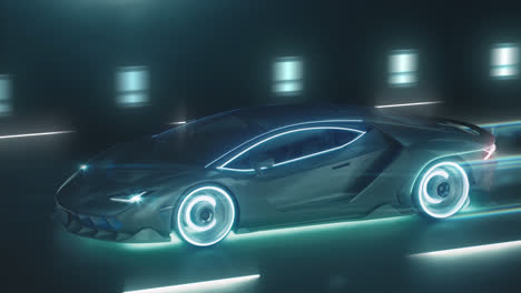 el automóvil deportivo de neón cibernético se apresura en el camino nocturno con luces de neón y rastro