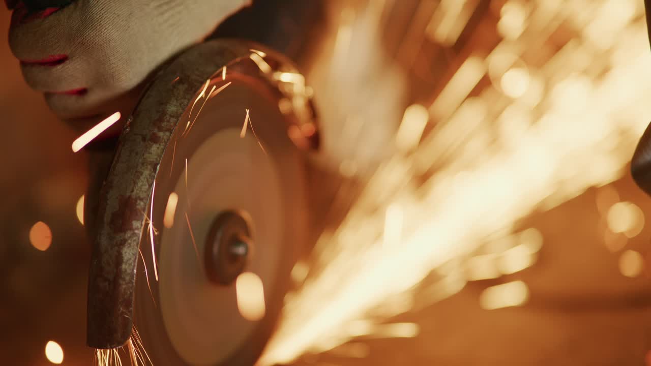 Close-up of Angle Grinder Cutting Metal with Bright Sparks