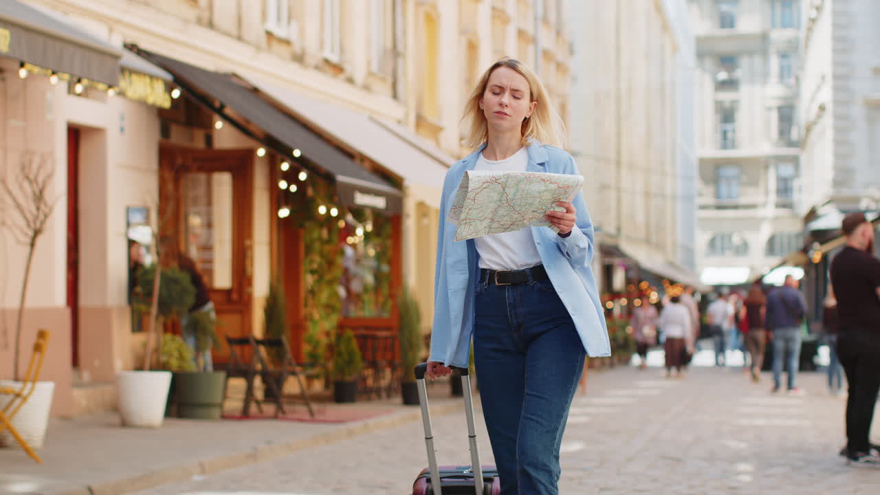 Turista donna con una valigia che esplora controllare la mappa di carta cercare una direzione mentre viaggia