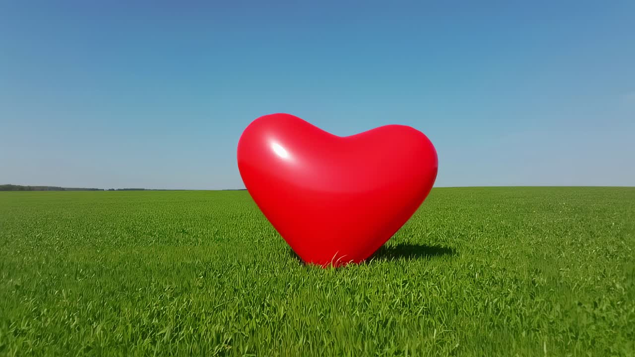 Red inflatable heart standing proudly in a lush green field, basking under a clear blue sky, symbolizing love, nature, and the beauty of open spaces
