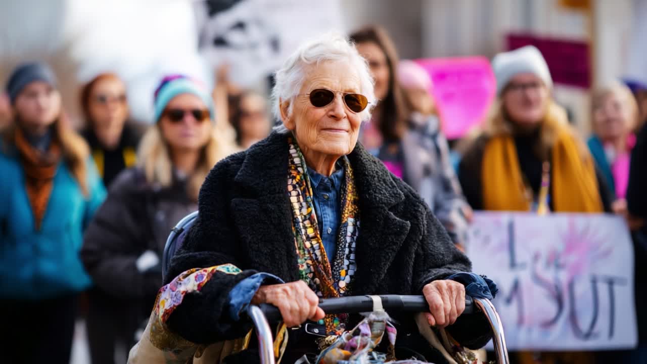 An Inspiring Elderly Woman with Glasses and a Wheelchair Leading a Peaceful March Surrounded by Supportive Crowd, Advocating for Change and Empowerment with Signs in Hand