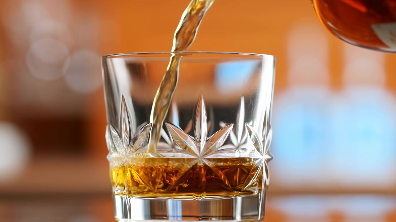Una scena ravvicinata mostra whisky ambrato che si versa da destra in un bicchiere di cristallo basso e intagliato, con un flusso continuo, il livello del liquido che sale, increspature, piccoli schizzi, sfaccettature nette e uno sfondo caldo e luminoso.