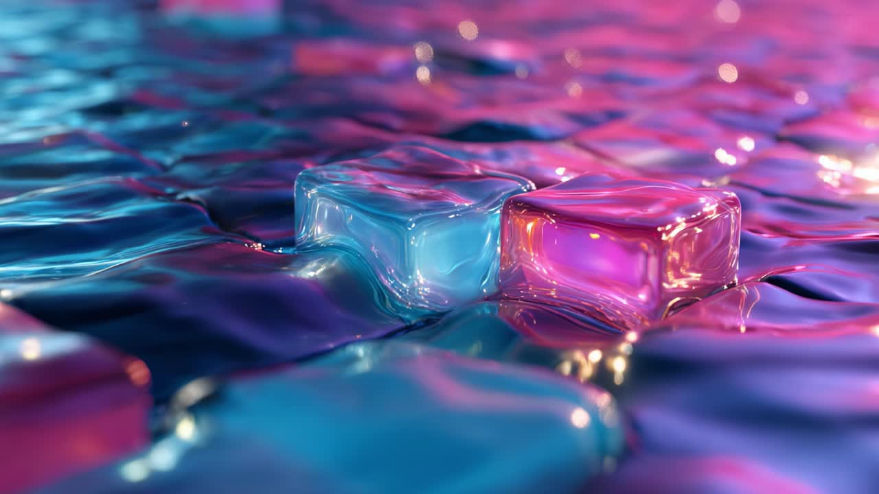 A Stunning Display of Colored Ice Cubes on a Smooth, Reflective Surface, Capturing the Play of Light and Shadows in Vibrant Hues of Pink, Blue, and Purple, Creating an Artistic Visual Experience