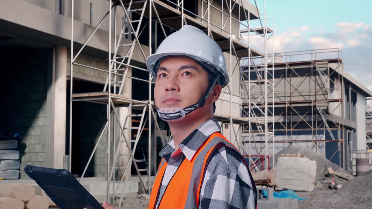 Close Up Side View Of Asian Male Engineer With Safety Helmet Looking At The Tablet In His Hand And Looking Around While Standing At Building & Construction Site in Progress to New House