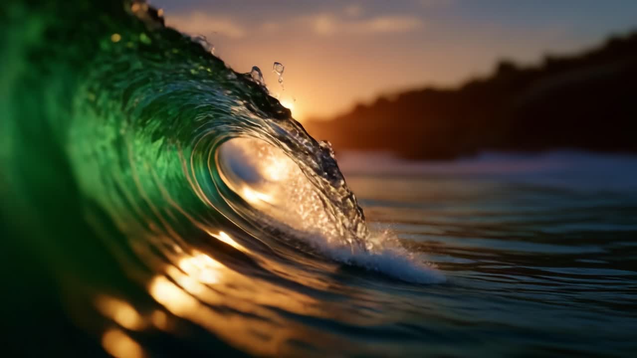 Un'onda al tramonto mozzafiato catturata in ogni vibrante dettaglio, che mette in mostra la bellezza della natura con acqua scintillante e riflessi colorati al crepuscolo