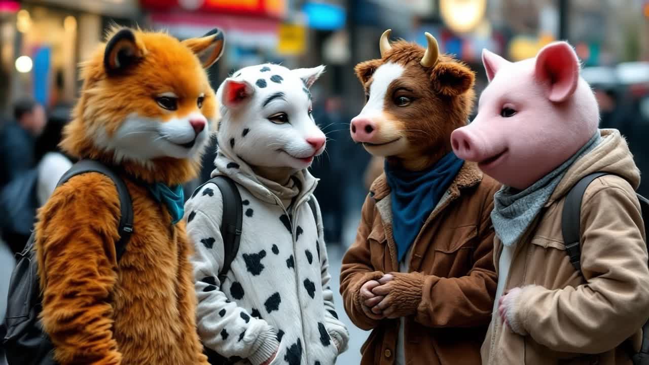 Group of anthropomorphic animal characters dressed in colorful costumes, engaging with each other on a bustling urban street, surrounded by vibrant shops and city life, showcasing playful interaction