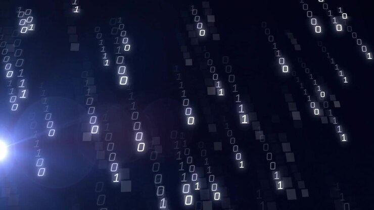 Blue-white flare initiating binary digits drifting forming streams showing data flow