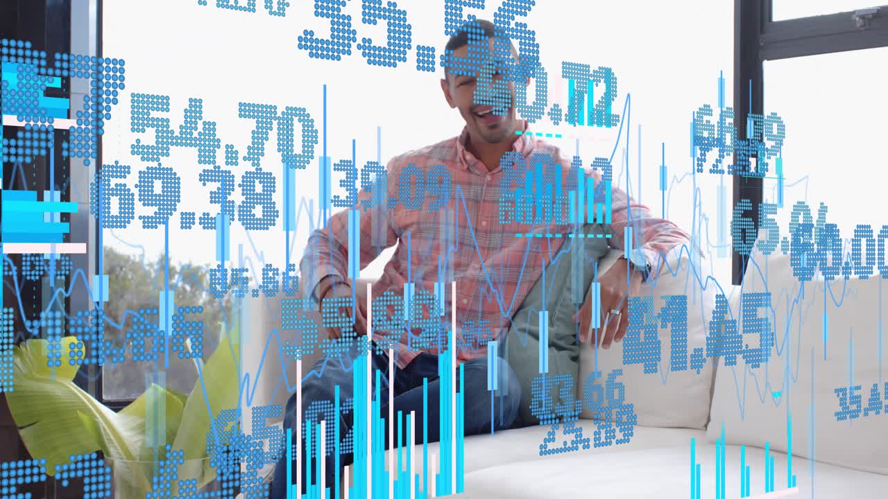 Woman shifting on couch uncrossing legs and smiling as blue data overlays rising in tech demo