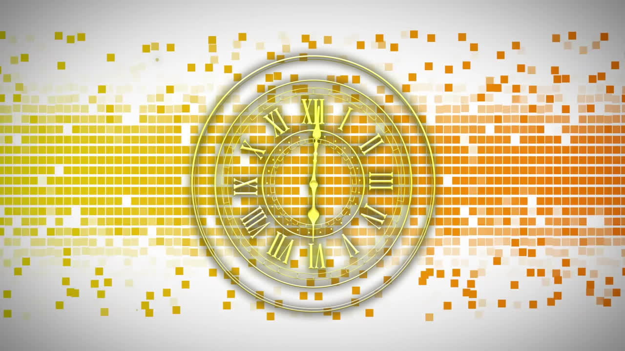 Animation of golden clock face with Roman numerals on digital orange background