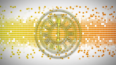 Animation of golden clock face with Roman numerals on digital orange background