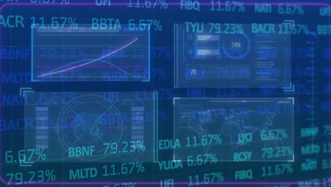 Animation-of-graphs,-loading-circles,-map-and-globe-in-circle-over-trading-board-in-background