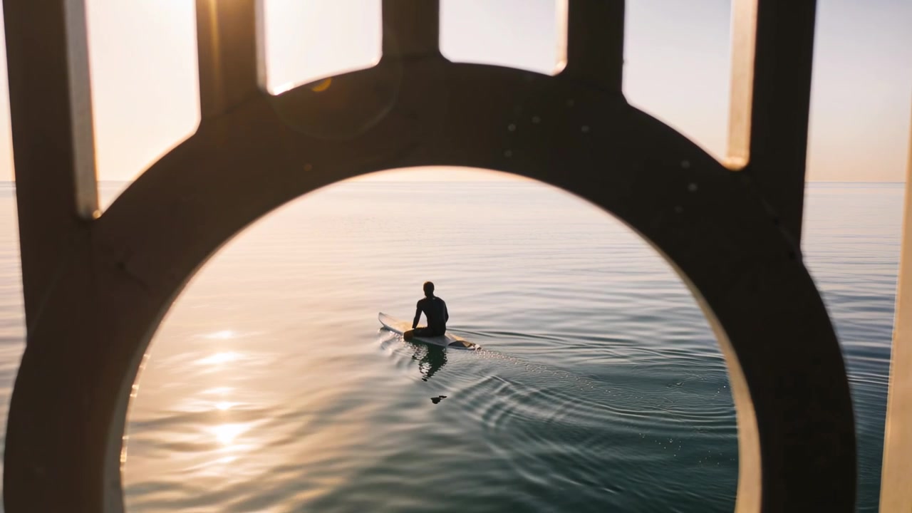 Un paddleboarder che pagaia, scivolando verso l'orizzonte dopo la prima pagaiata attraverso la ringhiera del molo, in muta.
