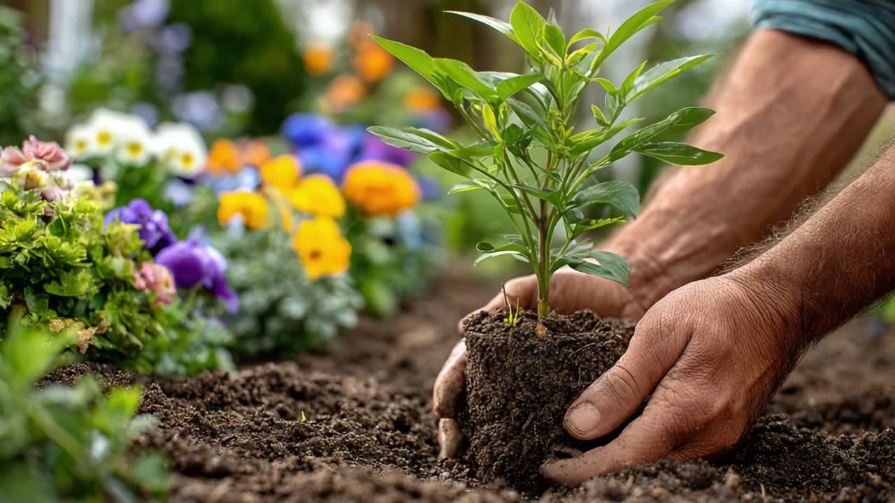 Entusiasta de la Jardinería Plantando un Joven Retoño en Tierra Fértil Rodeado de Flores Vibrantes, Exhibiendo la Belleza de la Naturaleza y el Arte del Cultivo