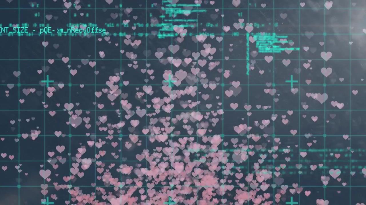 黒い背景でデータ処理の上にピンクのストライプとハートがアニメーション表示されている様子