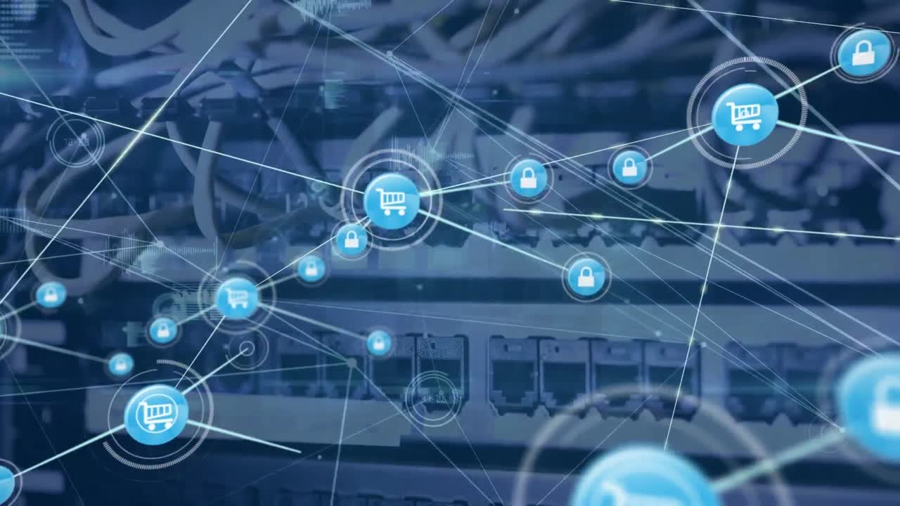 Animation of connected icons over wires connected to back panel of data server systems